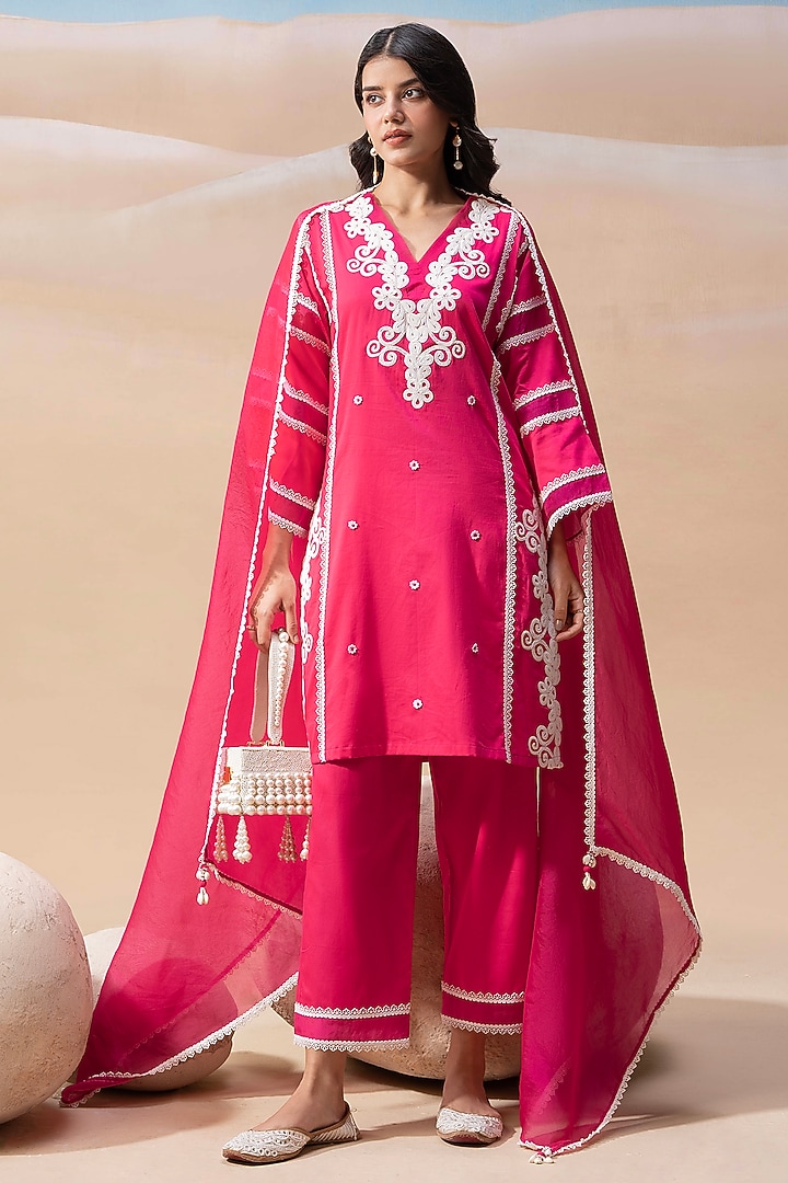 Peony Pink Satin & Cotton Resham Embroidered Kurta Set by Seeaash at Pernia's Pop Up Shop